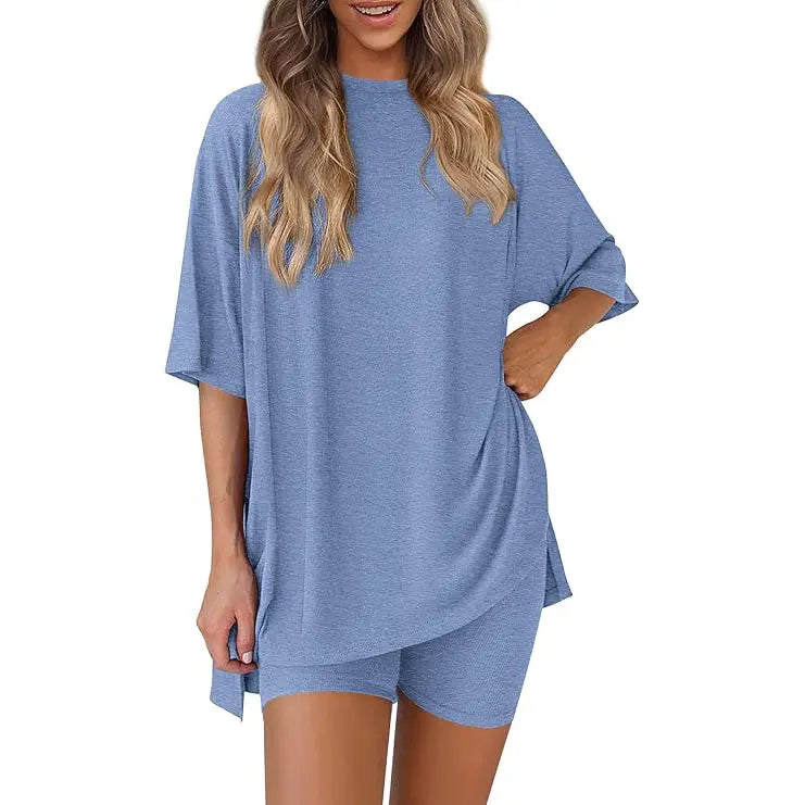 Women Summer Casual Oversized Split Hem Shirts & Side Pocket Biker Shorts