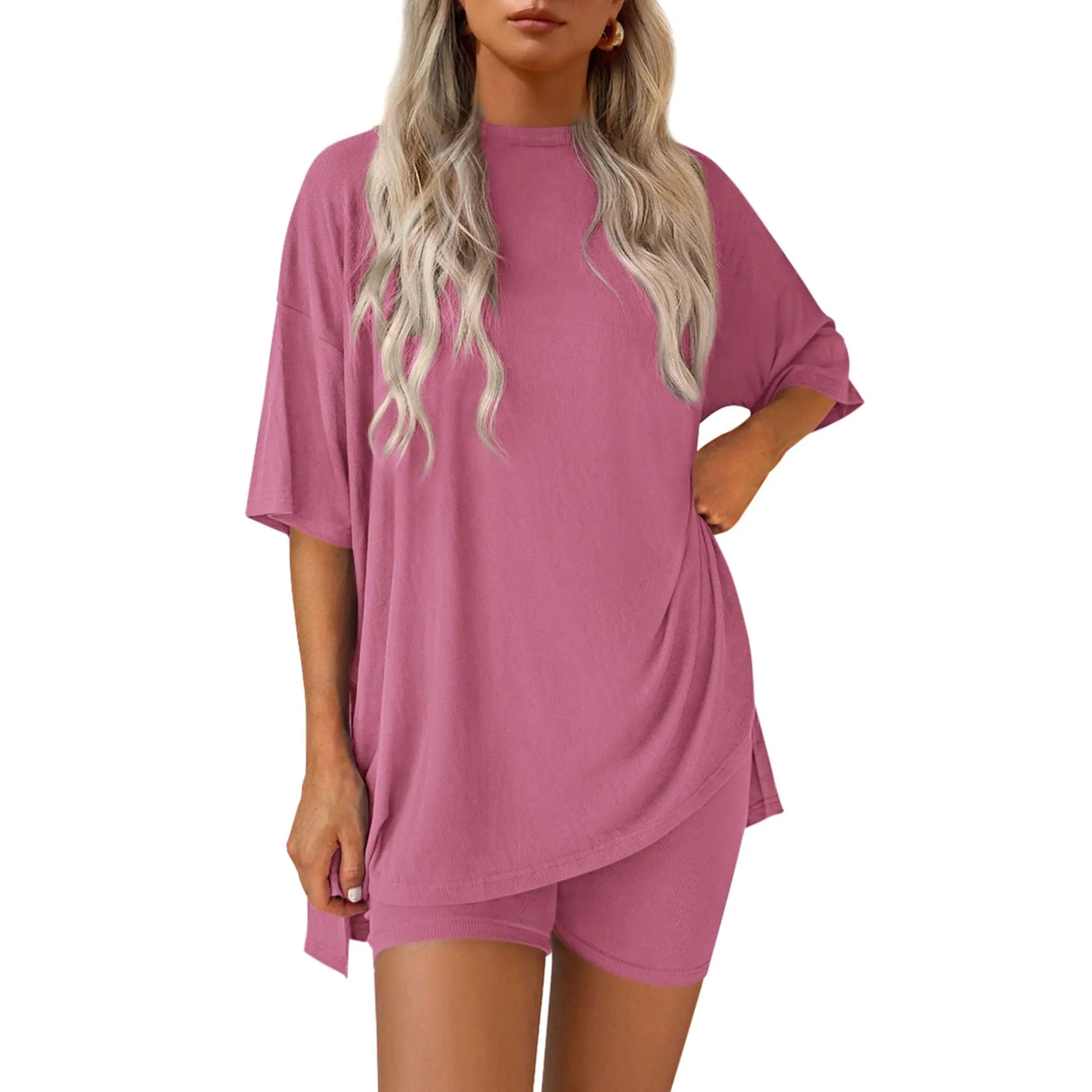 Women Summer Casual Oversized Split Hem Shirts & Side Pocket Biker Shorts