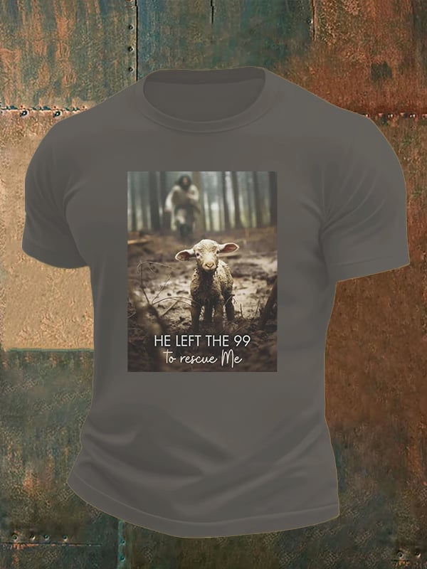 Men's He Left the 99 to Rescue Me, Jesus and Lost Sheep, Christian T-shirt