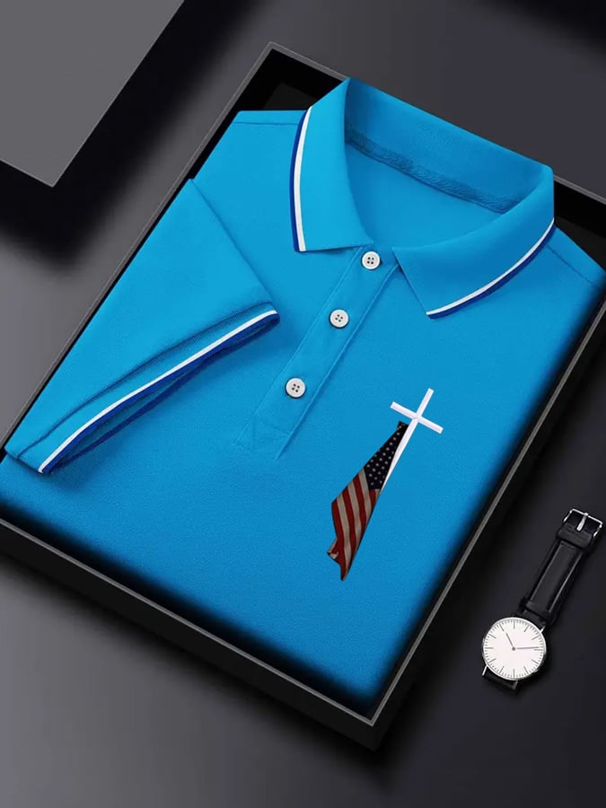 Men's Flag Cross Print Polo Shirt