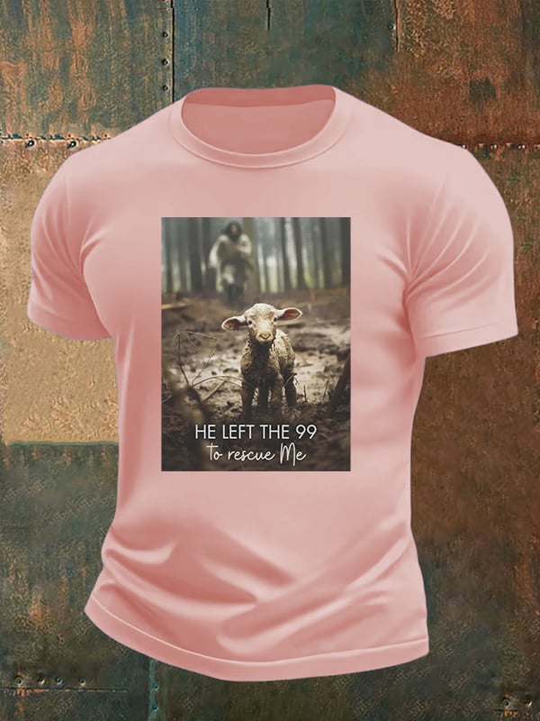 Men's He Left the 99 to Rescue Me, Jesus and Lost Sheep, Christian T-shirt