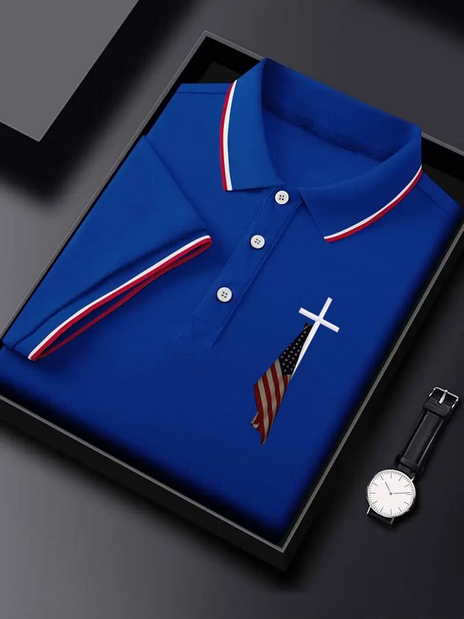 Men's Flag Cross Print Polo Shirt
