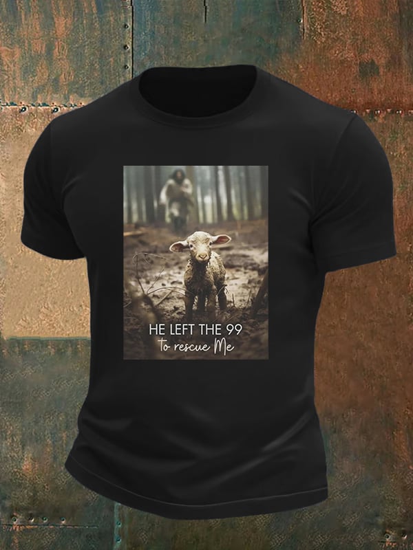 Men's He Left the 99 to Rescue Me, Jesus and Lost Sheep, Christian T-shirt