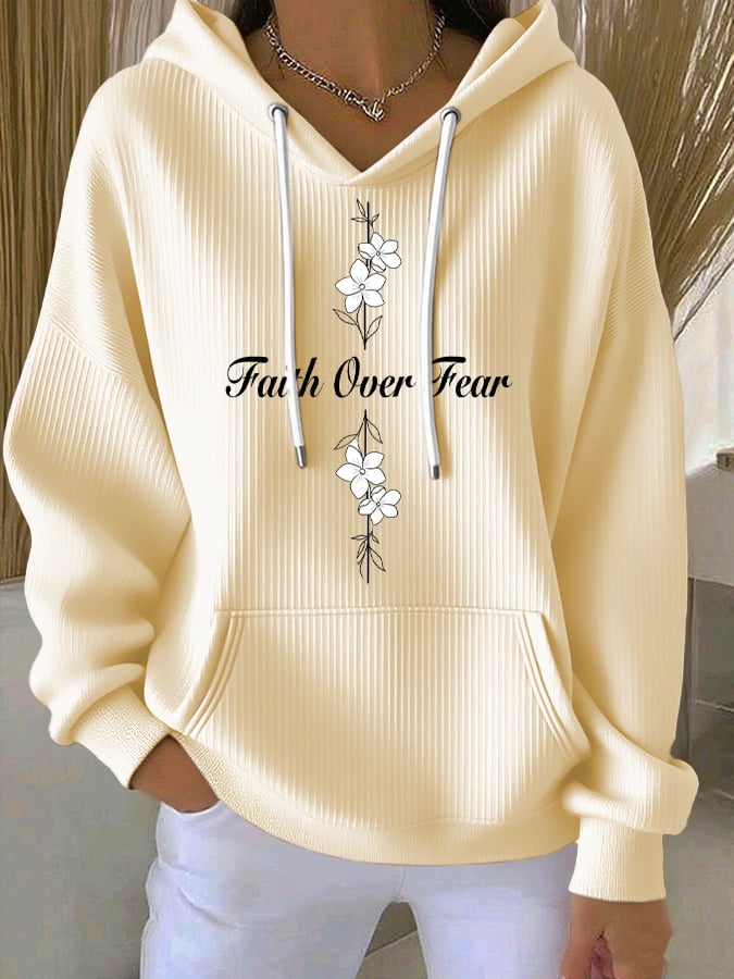 Women's Casual Faith Overcomes Fear Cross Textured Hoodie