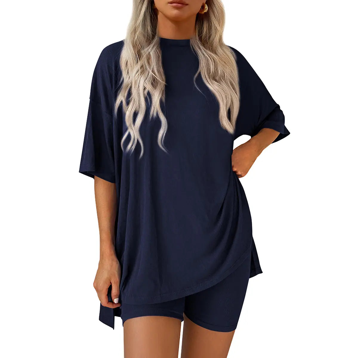 Women Summer Casual Oversized Split Hem Shirts & Side Pocket Biker Shorts