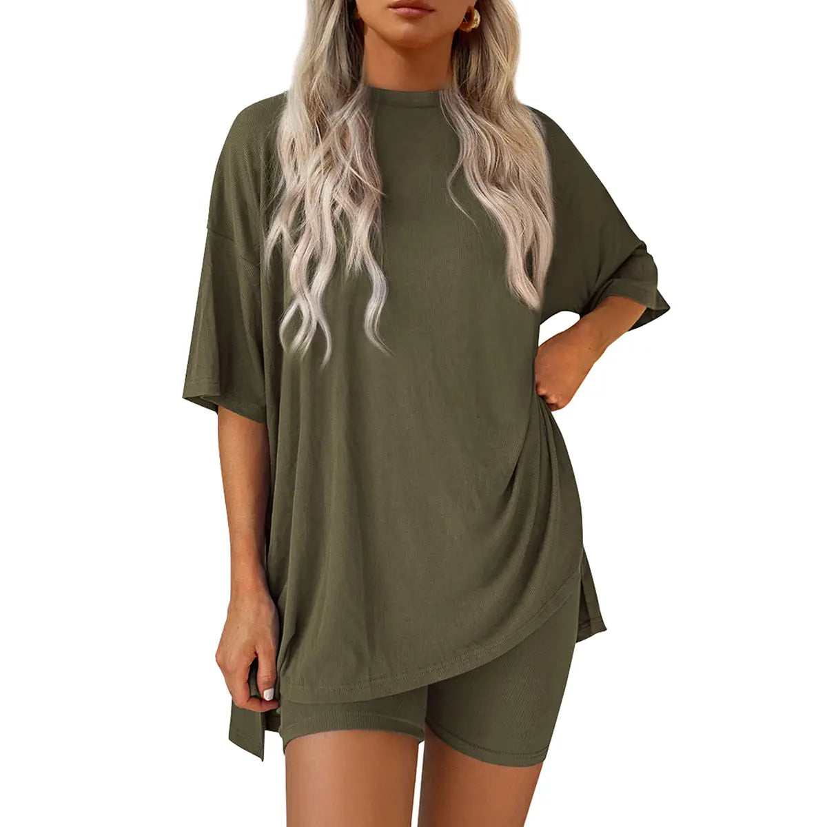 Women Summer Casual Oversized Split Hem Shirts & Side Pocket Biker Shorts