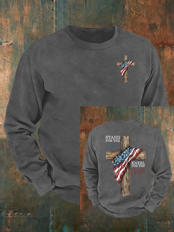 Men's Stand For The Flag Kneel For The Cross Printed Casual Sweatshirt