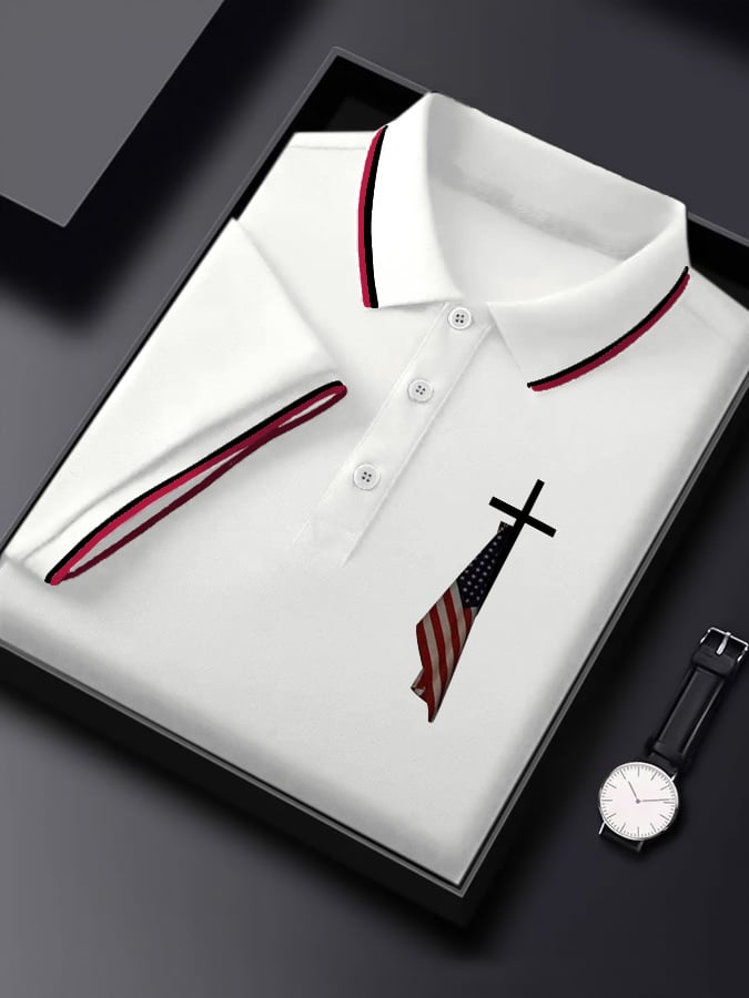 Men's Flag Cross Print Polo Shirt