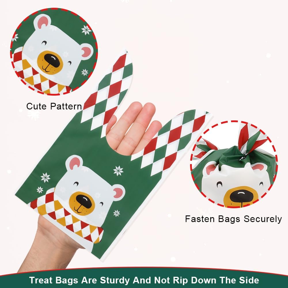Christmas Treat Bags, 60Pcs Christmas Candy Bags, Small Plastic Gift Bags for Kids, Cute Rabbit Ear Cookies Snack Goody Popcorn Goodie Gift Bag for Winter Xmas Holiday Party Decoration Favor Supplies