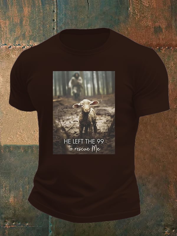 Men's He Left the 99 to Rescue Me, Jesus and Lost Sheep, Christian T-shirt