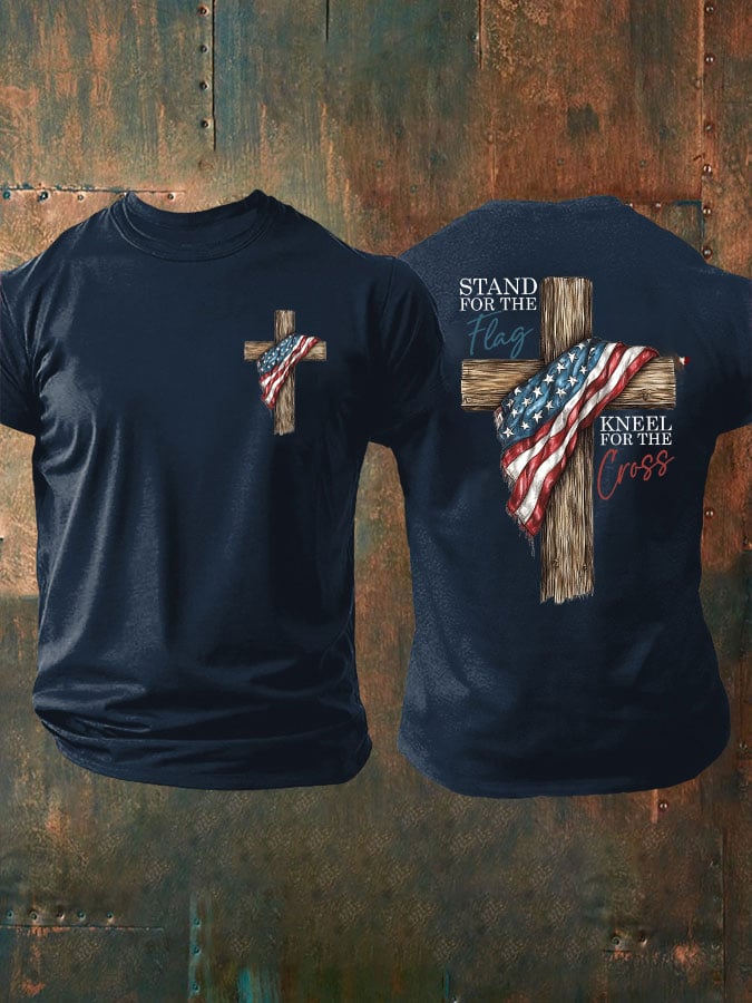 Men's Stand For The Flag Kneel For The Cross Printed Casual T-Shirt