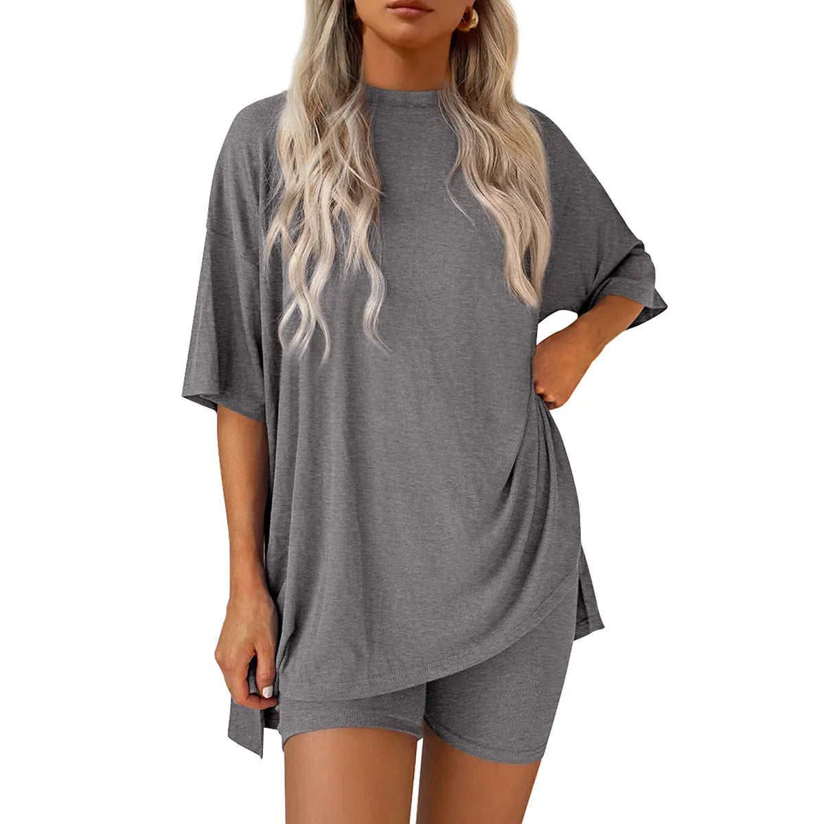 Women Summer Casual Oversized Split Hem Shirts & Side Pocket Biker Shorts