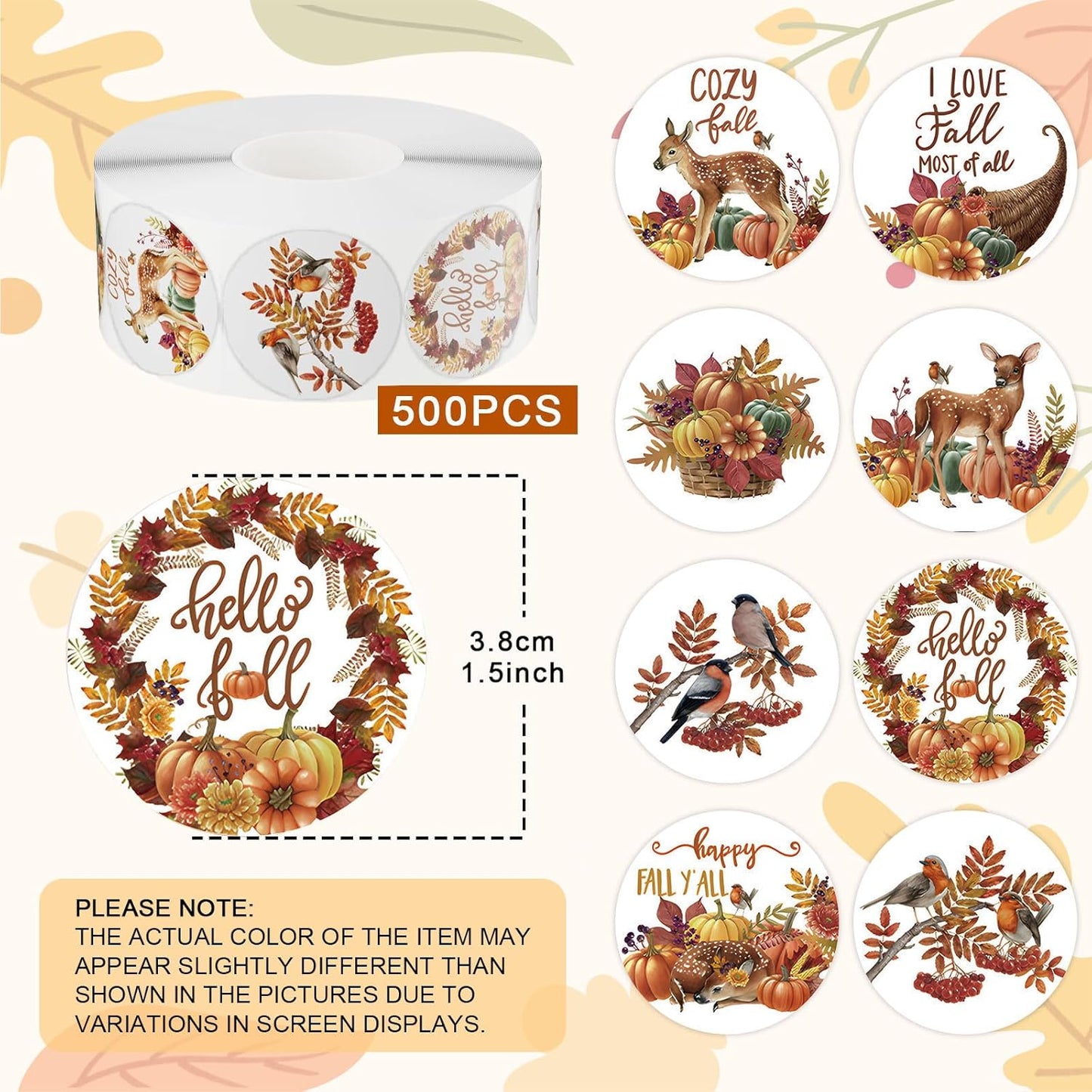 Hello Fall Sticker Roll 500Pcs 1.5" Pumpkins Maple Leaves Deers Birds Self-Adhesive Round Decals Designs Envelope Seals Label for Autumn Party Supplies Gift Packing Decoration