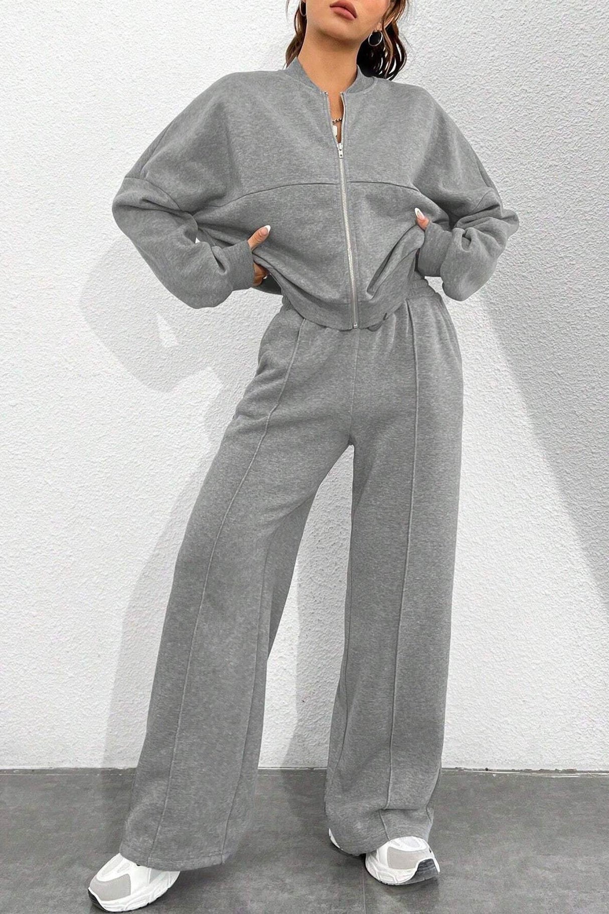 Zip-up Collarless Cardigan Pants Set