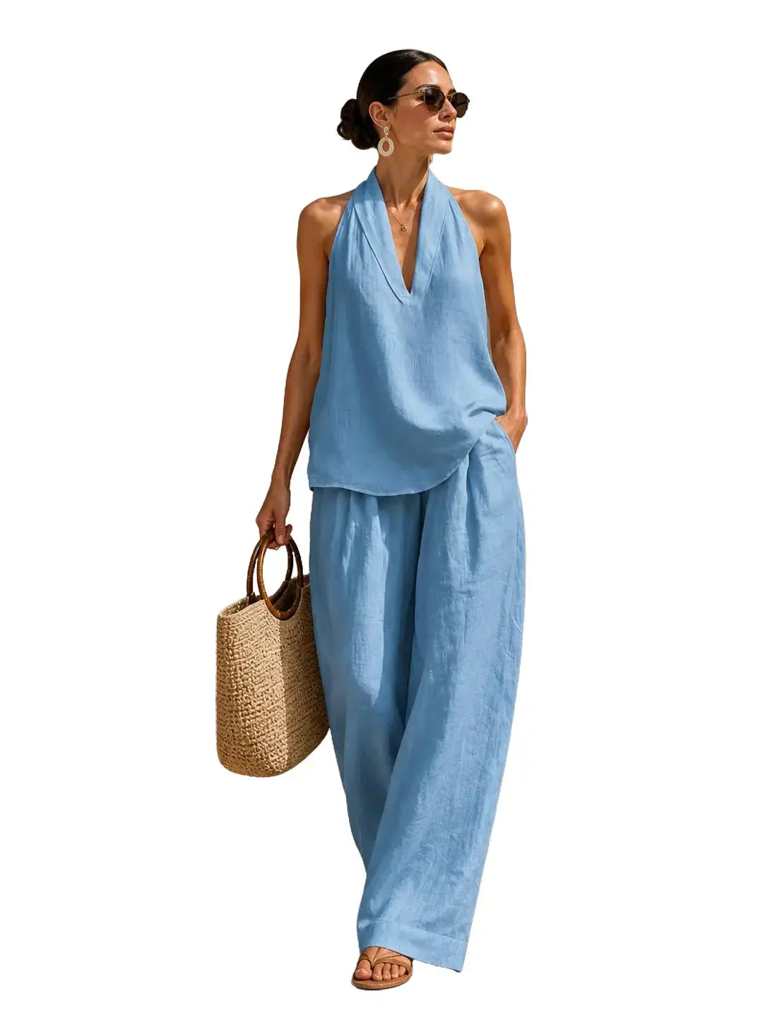 Boho Ice Silk Crinkle Fabric Two Piece Set - Perfect for Beach, Vacation & Brunch! Halter Neck Sleeveless Top Wide Leg Pants Set # TwoPieceSet # WideLegPants # HalterNeck # SummerOutfit # BohoFashion #