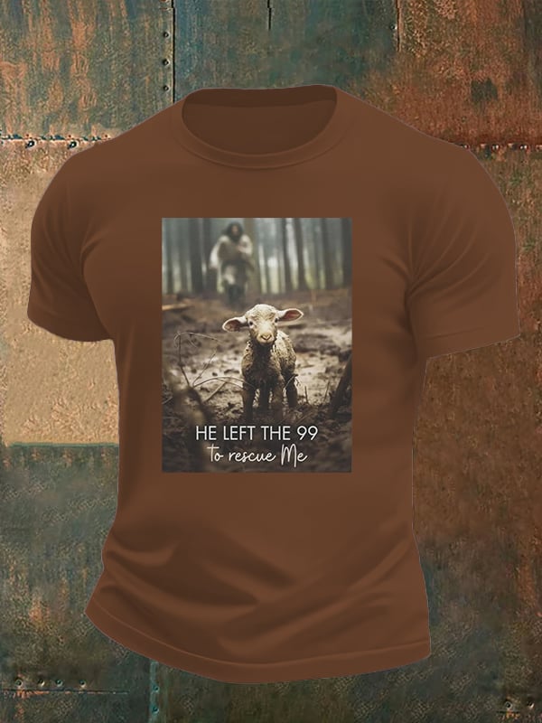 Men's He Left the 99 to Rescue Me, Jesus and Lost Sheep, Christian T-shirt