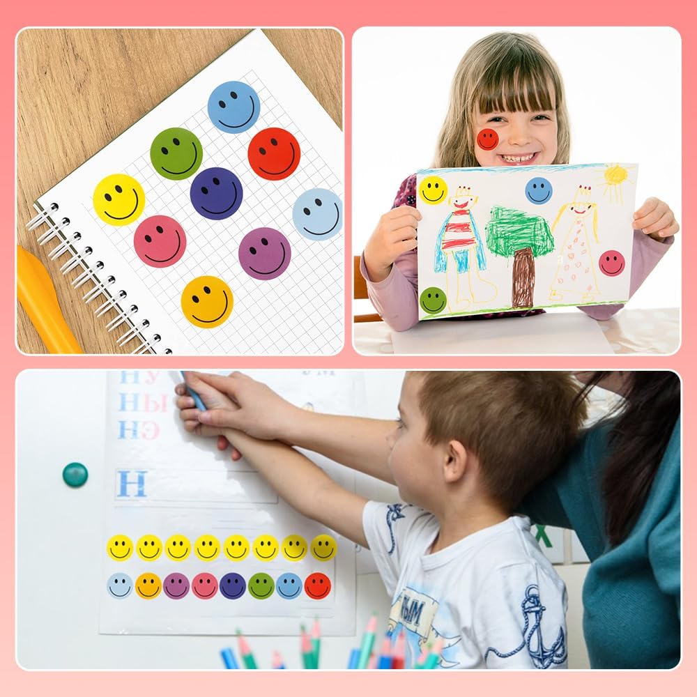 Smiley Face Stickers, 1000 Pcs Happy Smile Face Stickers for Kids, 1 Inch Colorful Self-Adhesive Incentive Reward Decal Behavior Chart Sticker for Students Teachers Classroom Party Supplies