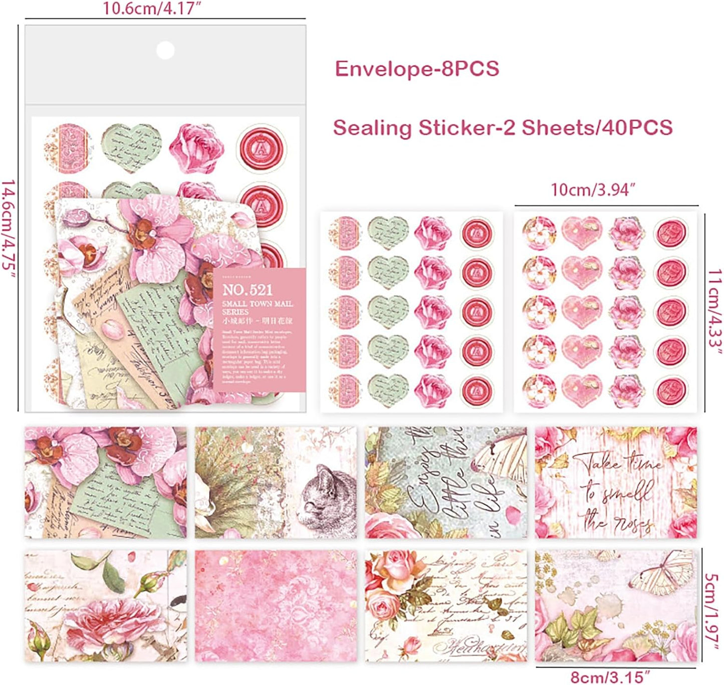 Vintage Flower Mini Envelope, Small Envelopes and Sealing Sticker Set, 40 Matching Envelopes and 2 Sheets Seal Sticker