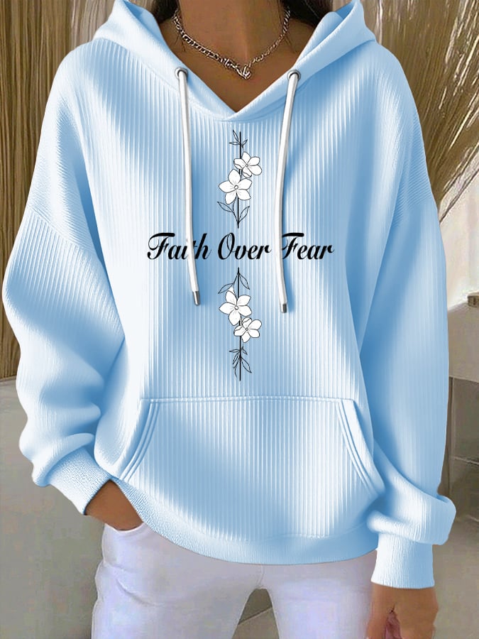 Women's Casual Faith Overcomes Fear Cross Textured Hoodie