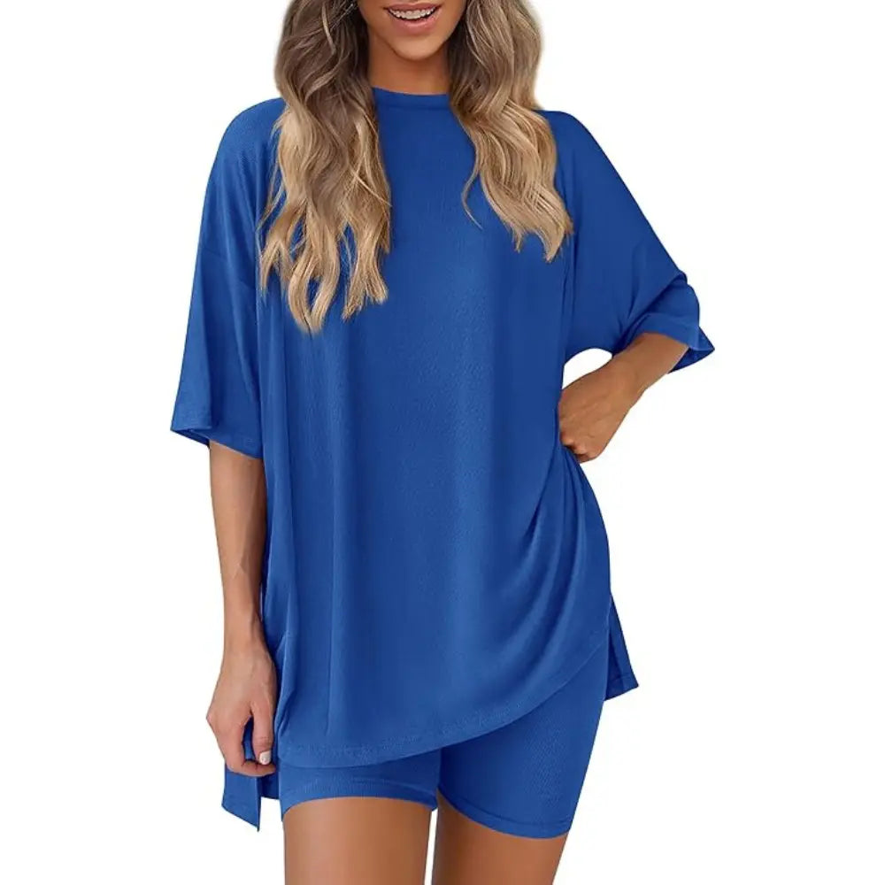 Women Summer Casual Oversized Split Hem Shirts & Side Pocket Biker Shorts