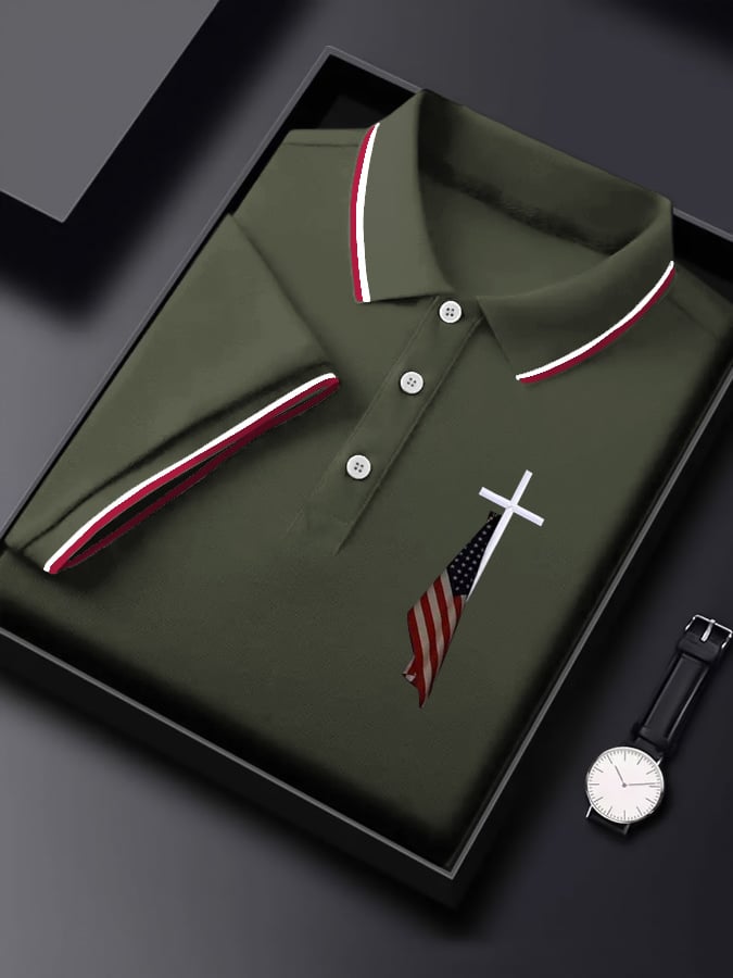 Men's Flag Cross Print Polo Shirt