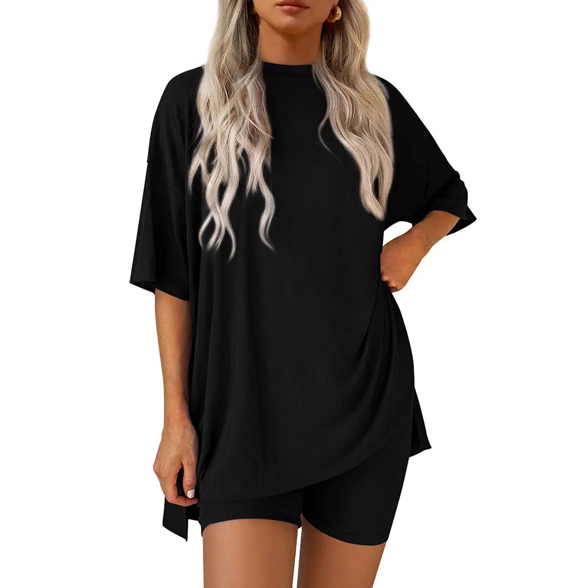 Women Summer Casual Oversized Split Hem Shirts & Side Pocket Biker Shorts