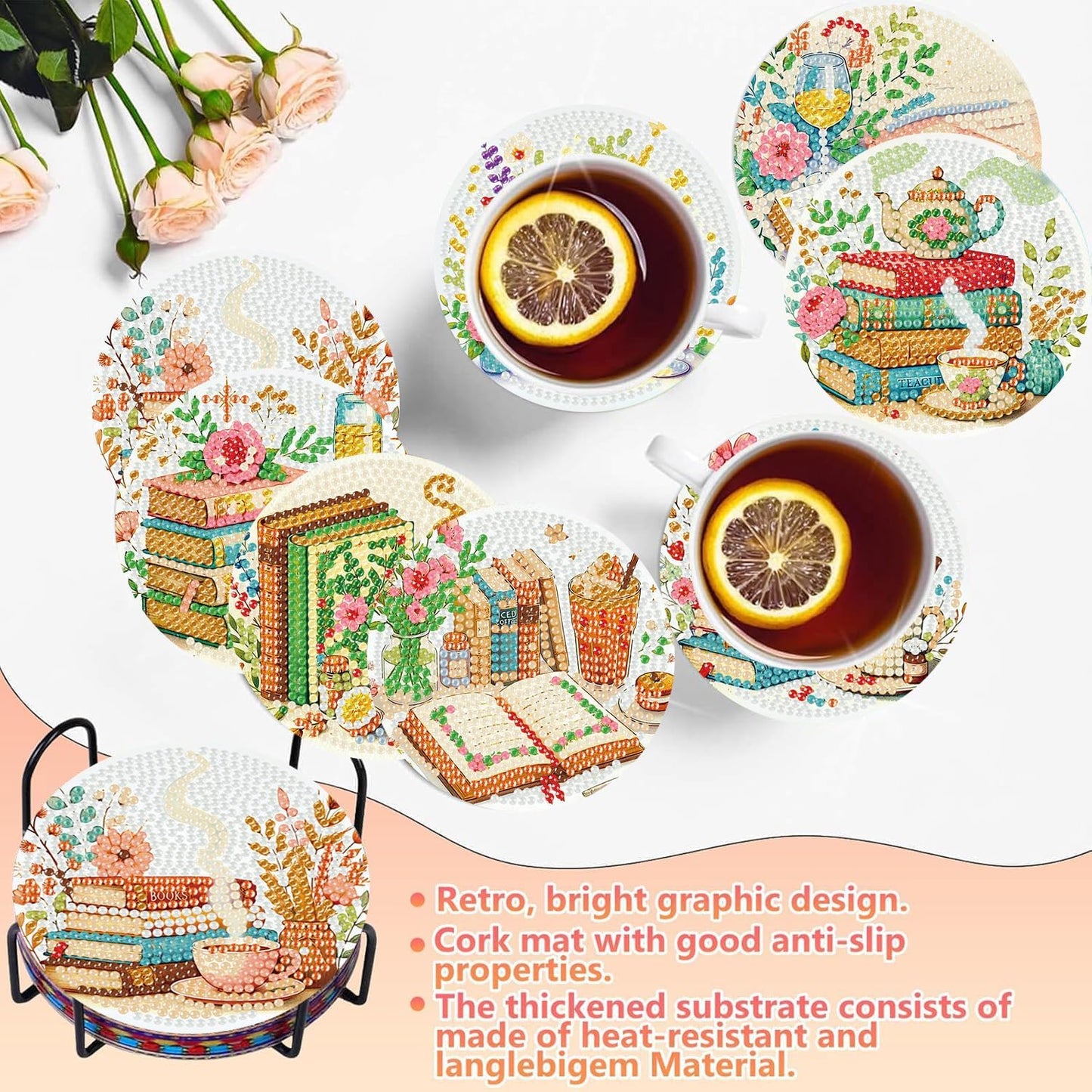 8 PCS Diamond Art Coasters Kits Book Diamond Painting Coaster Kits Diamond Coasters with Holder Cork Pads Gem Art Dots Paintings Crafts Supplies for Adults Beginners