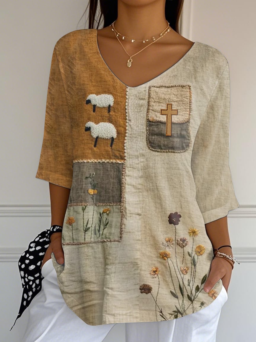 Women's Summer Cute Lamb Floral Cross Faux Embroidery Print Top