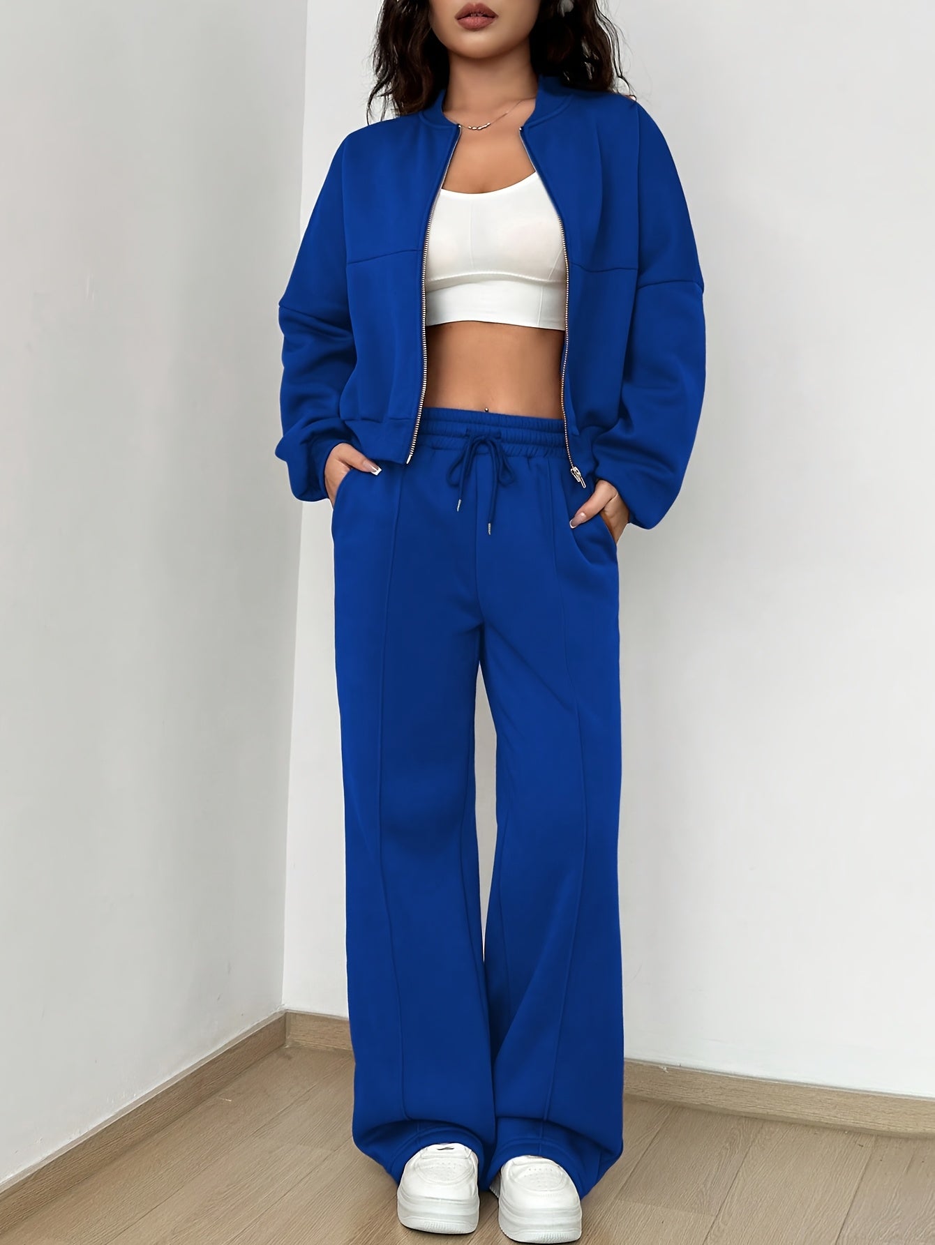Zip-up Collarless Cardigan Pants Set