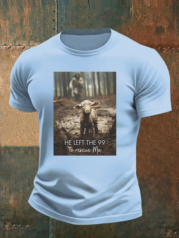 Men's He Left the 99 to Rescue Me, Jesus and Lost Sheep, Christian T-shirt