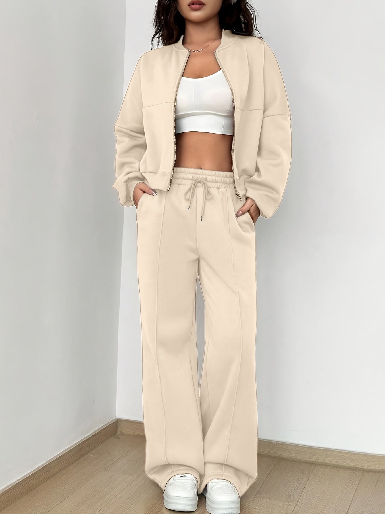 Zip-up Collarless Cardigan Pants Set