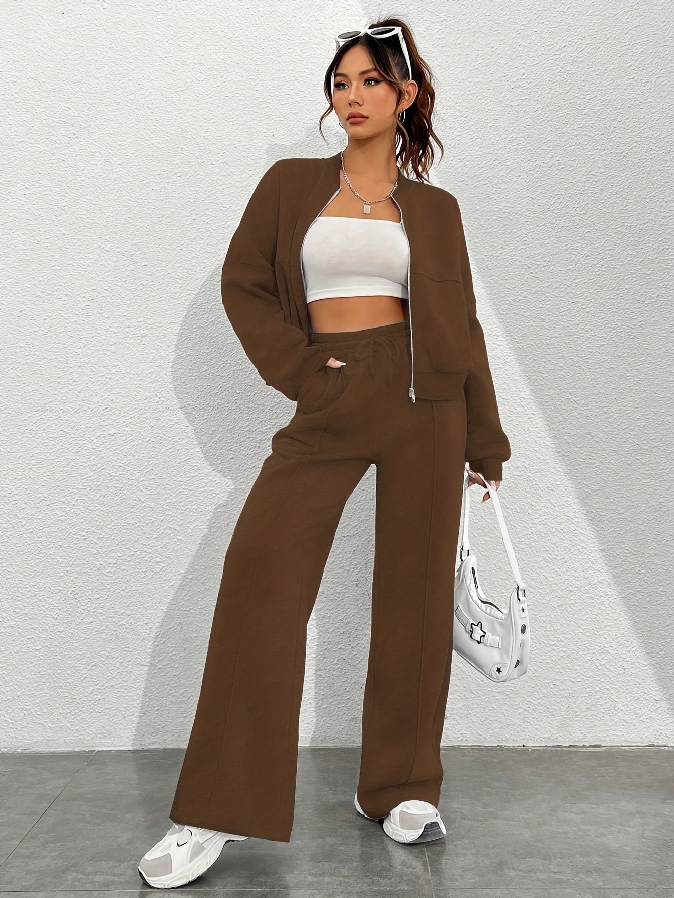 Zip-up Collarless Cardigan Pants Set