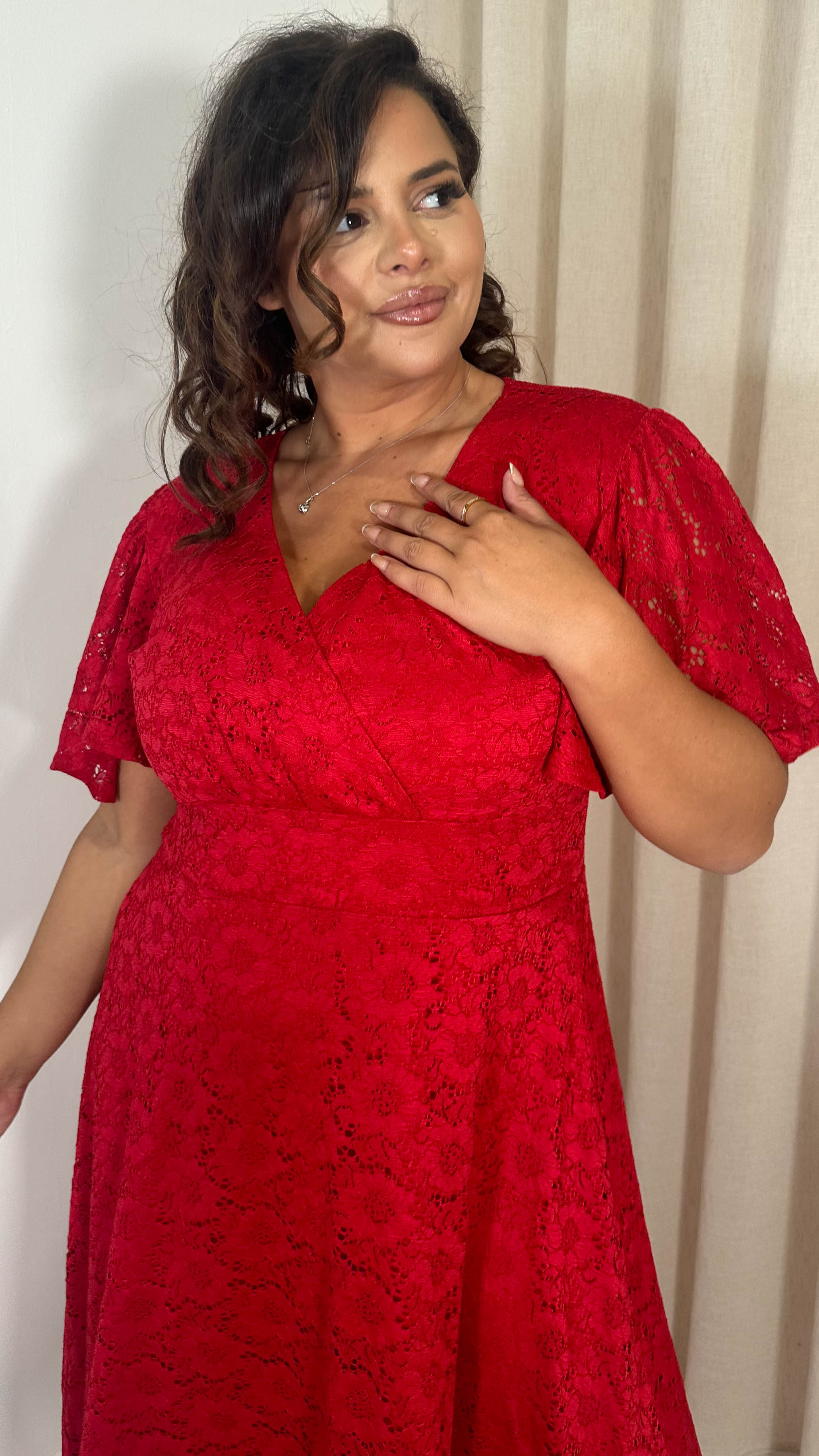 CurveWow Lace Angel Sleeve Maxi Dress Red