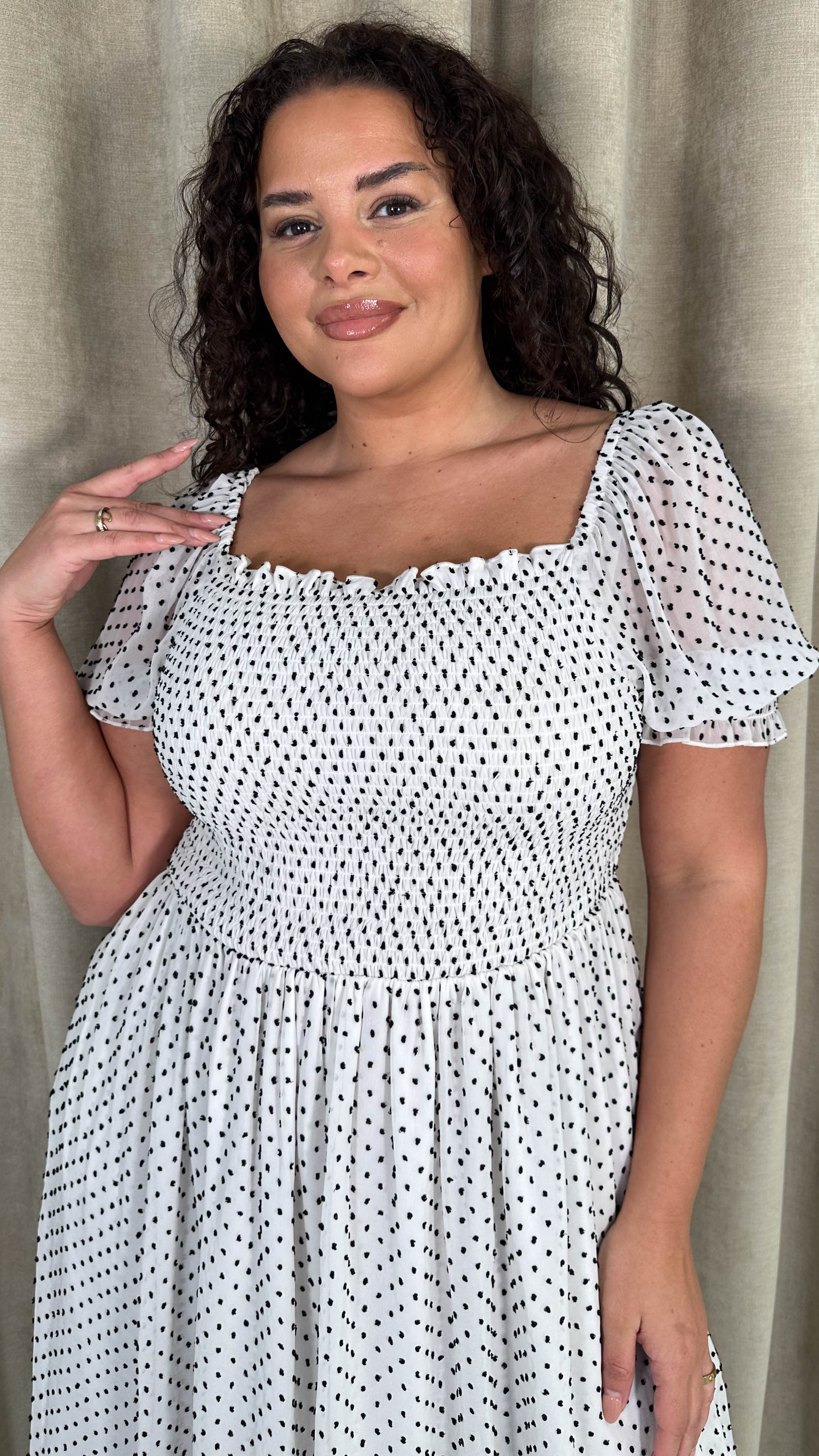 CurveWow Puff Sleeve Midi Dress White & Black Spot