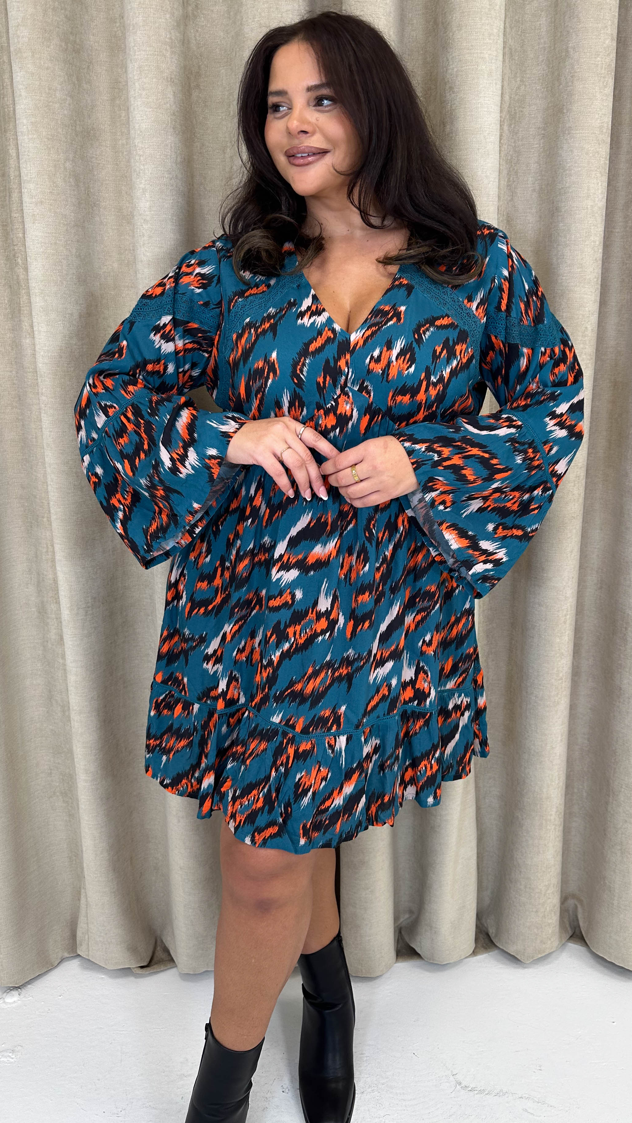 CurveWow Lace Insert V Neck Smock Dress Leopard Print