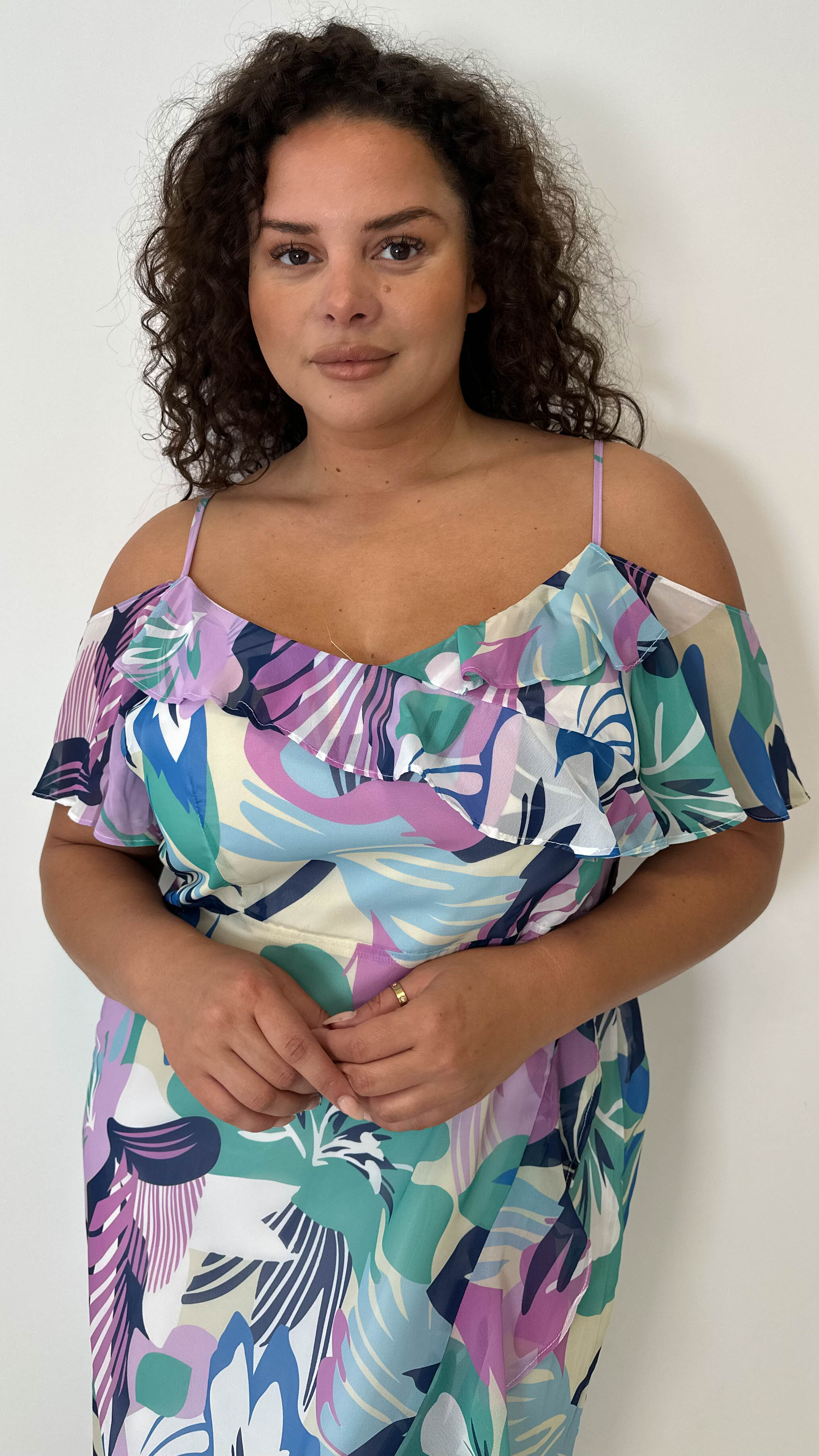 CurveWow Floral Frill Cold Shoulder Dress Multi Floral