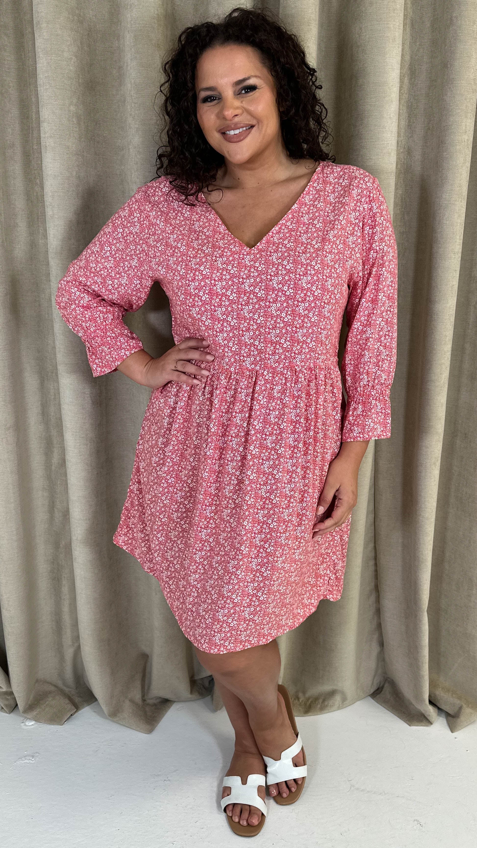 CurveWow Printed Smock Mini Dress Red Ditsy
