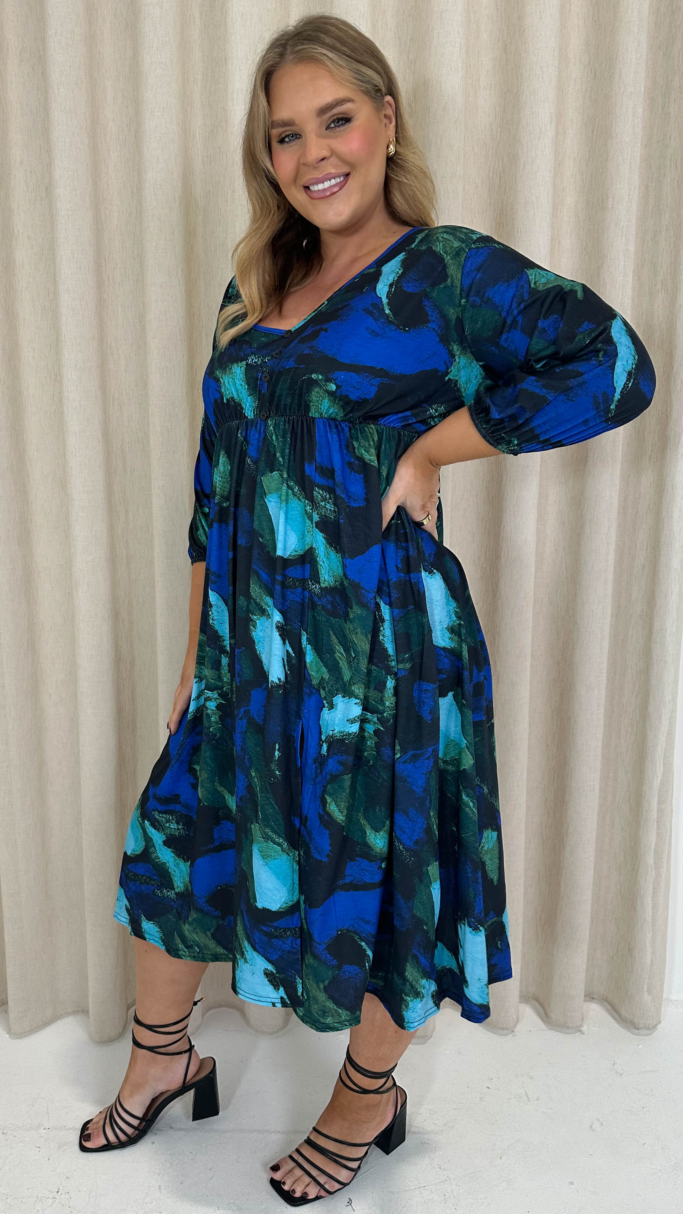 CurveWow Button Front Midi Dress Blue Brush Stroke