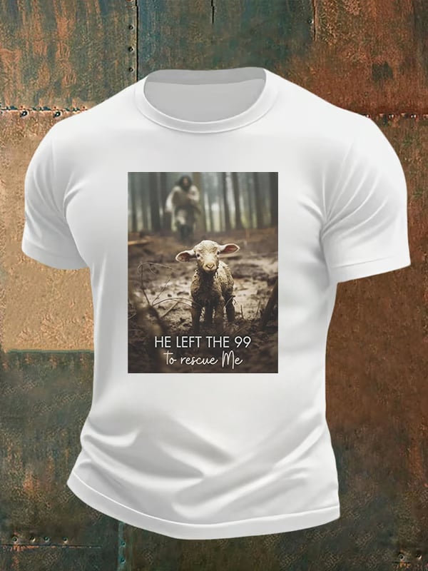 Men's He Left the 99 to Rescue Me, Jesus and Lost Sheep, Christian T-shirt