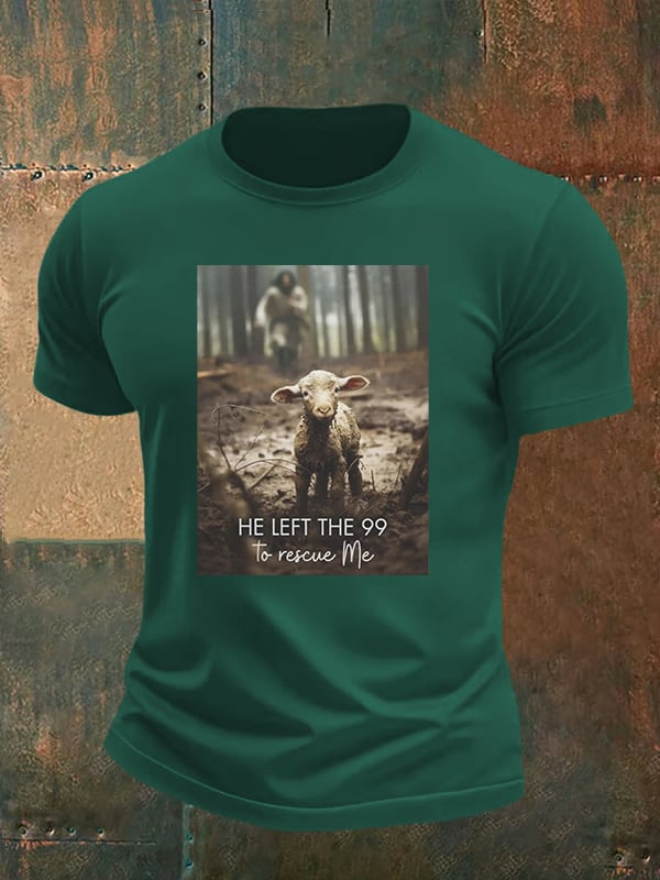Men's He Left the 99 to Rescue Me, Jesus and Lost Sheep, Christian T-shirt