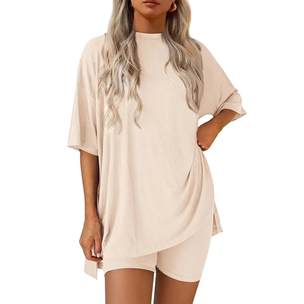 Women Summer Casual Oversized Split Hem Shirts & Side Pocket Biker Shorts