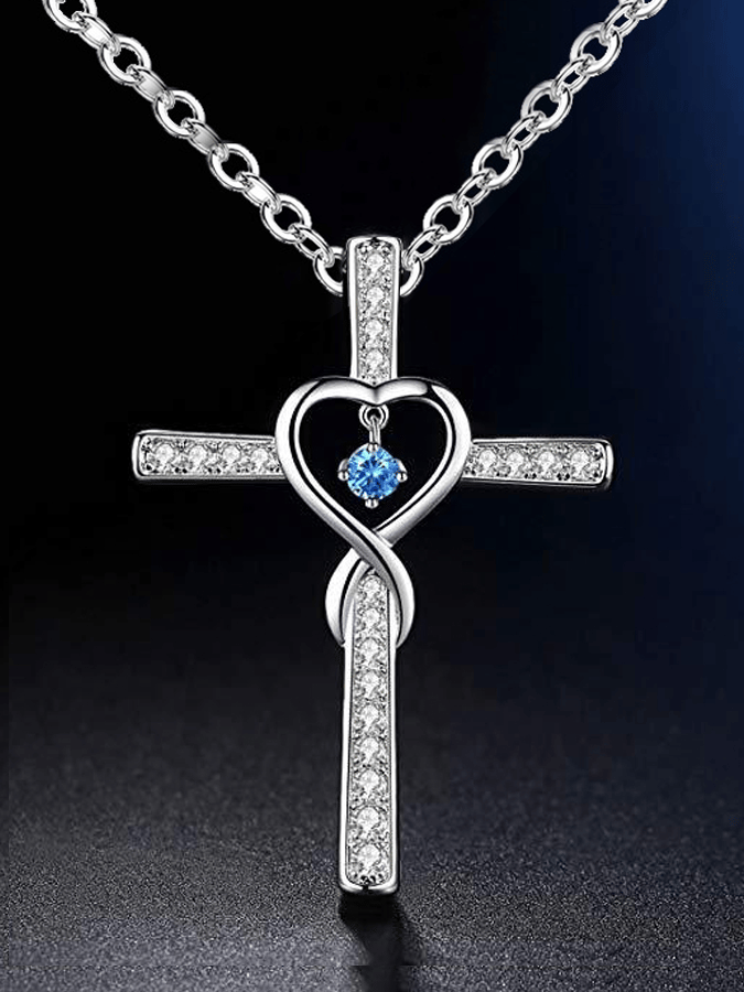 Women's Cross Encrusted Zircon Pendant Love Shaped Birthstone Necklace
