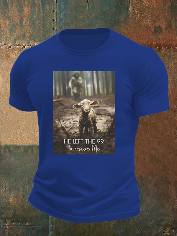 Men's He Left the 99 to Rescue Me, Jesus and Lost Sheep, Christian T-shirt