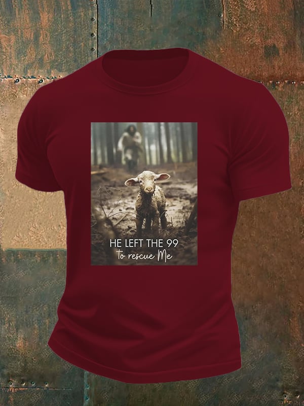 Men's He Left the 99 to Rescue Me, Jesus and Lost Sheep, Christian T-shirt
