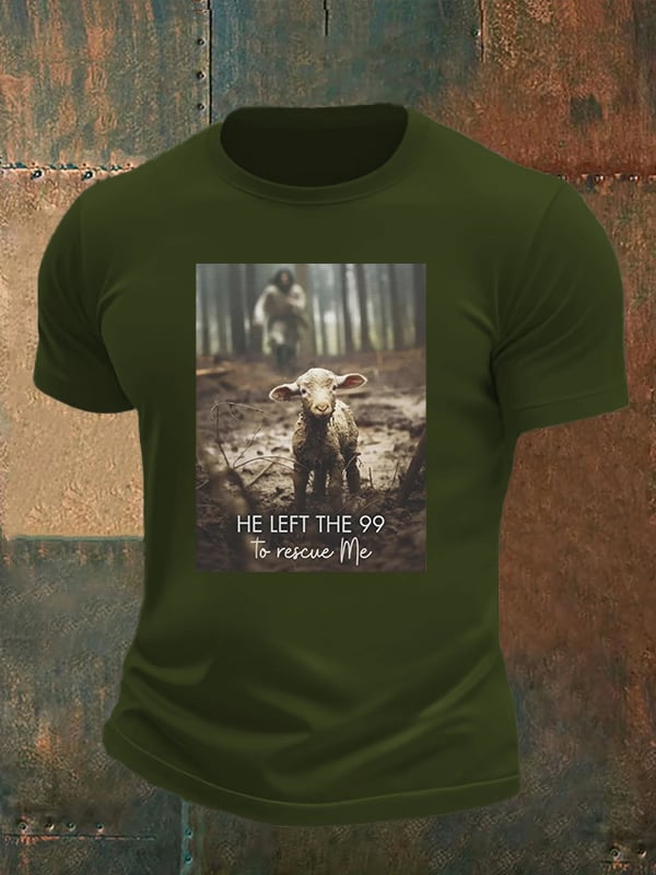 Men's He Left the 99 to Rescue Me, Jesus and Lost Sheep, Christian T-shirt