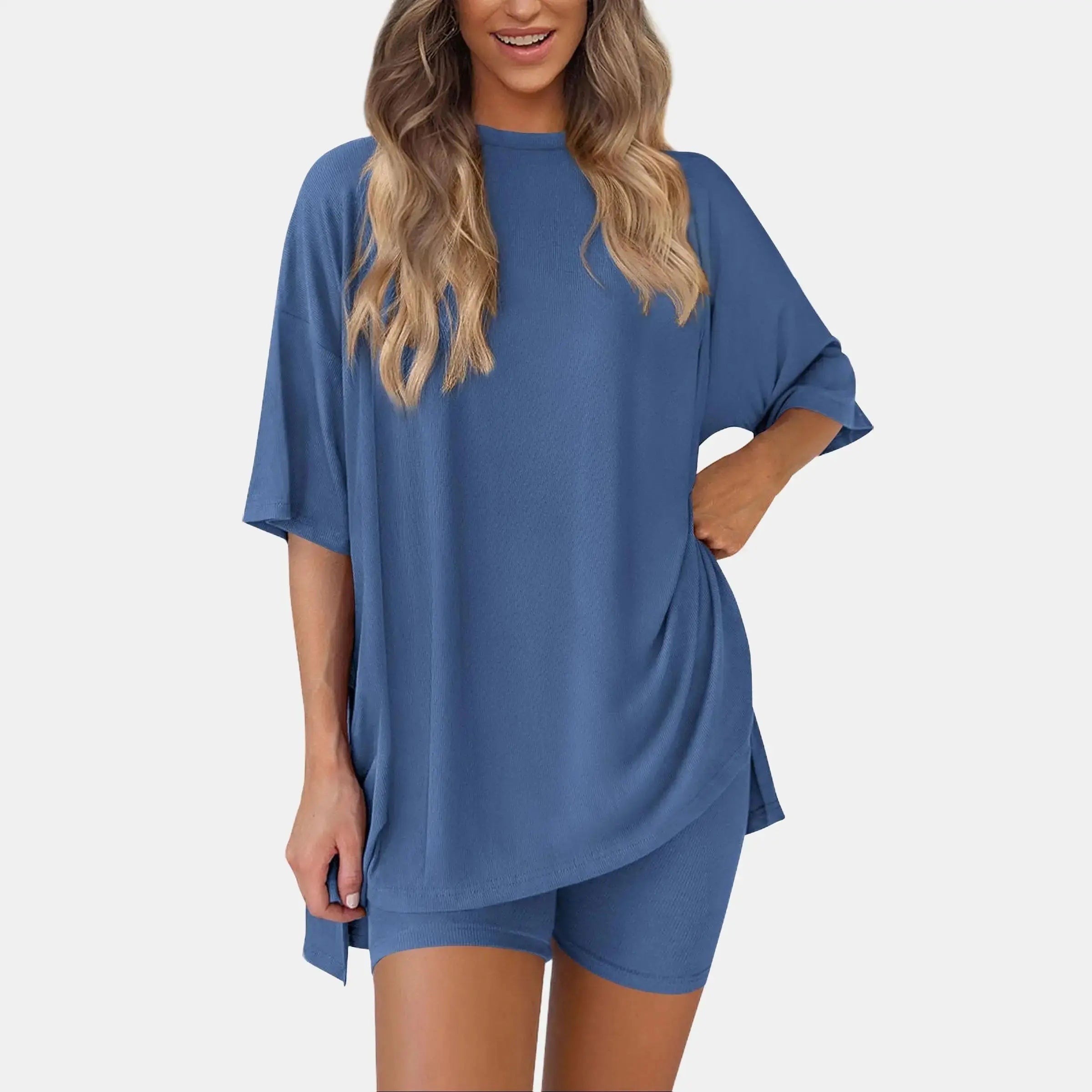 Women Summer Casual Oversized Split Hem Shirts & Side Pocket Biker Shorts