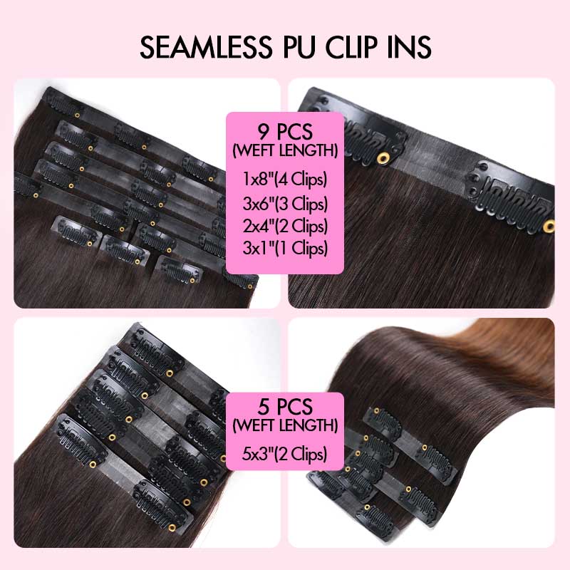 QVR #2/30 Mixed Subtle Ombre Brown PU Clip In Hair Extensions Straight Seamless Clip In Human Hair