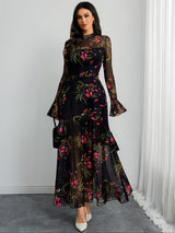 Women's Gothic Elegant Sexy Mesh Splicing Colorful Print Retro Petal Sleeves Ruffle Mermaid Hem Double Layer Dress