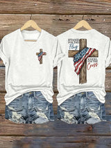 Women's Stand For The Flag Kneel For The Cross Printed Casual V-Neck T-Shirt