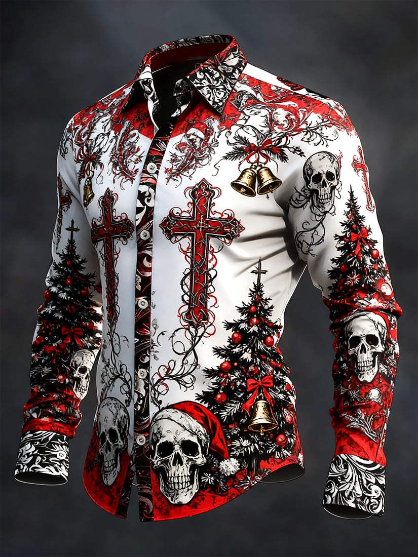 Men's Retro Cross Christmas Skull Long-Sleeve Shirt